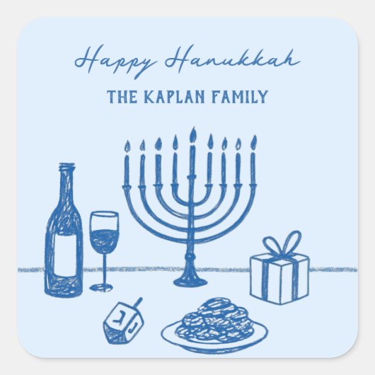 Whimsical Hand Drawn Hanukkah Party Trendy Custom Vierkante Sticker (Voorkant)
