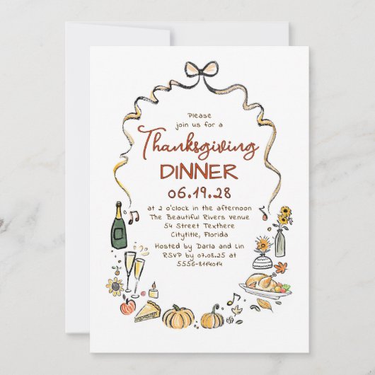 Whimsical Hand Drawn Herfst Thanksgiving Diner Kaart (Voorkant)