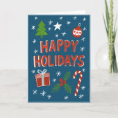 Whimsical Hand-Drawn Holiday Kaart op Blauw (Voorkant)