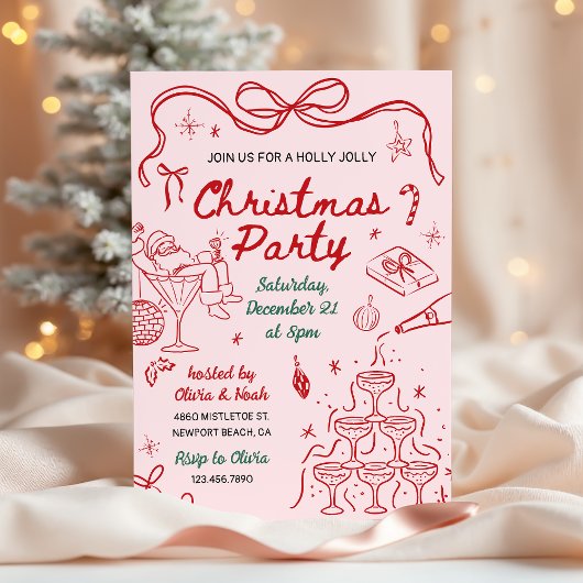 Whimsical Hand Drawn Holly Jolly Christmas Party Kaart