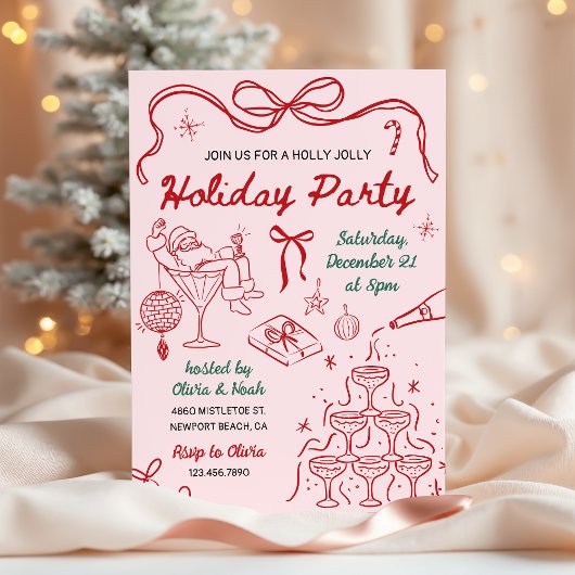 Whimsical Hand Drawn Holly Jolly Holiday Party Kaart