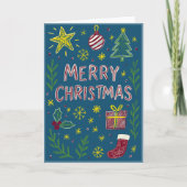 Whimsical Hand-Drawn Kerst Kaart in Blauw (Voorkant)