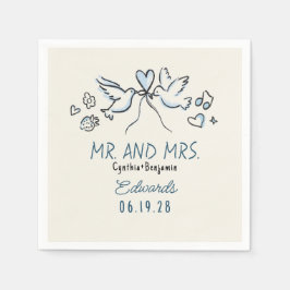 Whimsical Hand Drawn Love Birds Wedding Napkins Servet