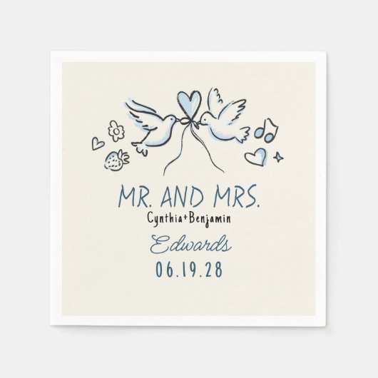 Whimsical Hand Drawn Love Birds Wedding Napkins Servet (Voorkant)