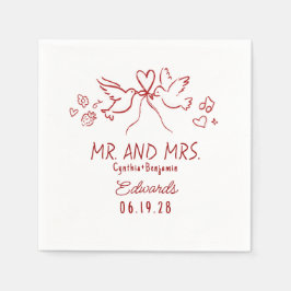 Whimsical Hand Drawn Love Birds Wedding Napkins Servet