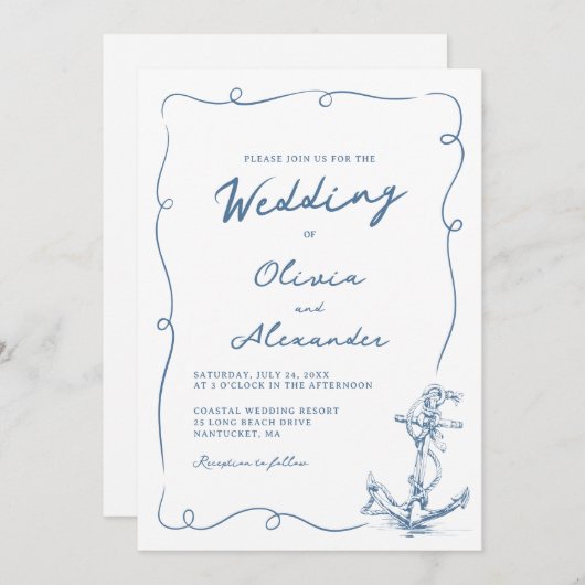 Whimsical Hand Drawn Nautical Anchor Wedding Kaart (Voorkant / Achterkant)