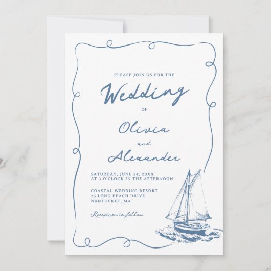 Whimsical Hand Drawn Nautical Sailboat Wedding Kaart (Voorkant)