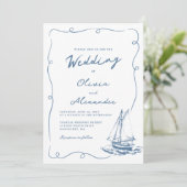Whimsical Hand Drawn Nautical Sailboat Wedding Kaart (Staand voorkant)