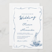 Whimsical Hand Drawn Nautical Sailboat Wedding Kaart (Voorkant / Achterkant)