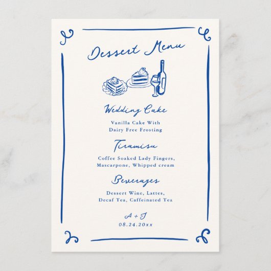 Whimsical Hand Drawn Navy Trouwdessert Menu (Voorkant)