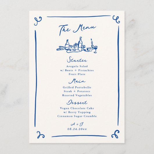 Whimsical Hand Drawn Navy Wedding Menu (Voorkant)