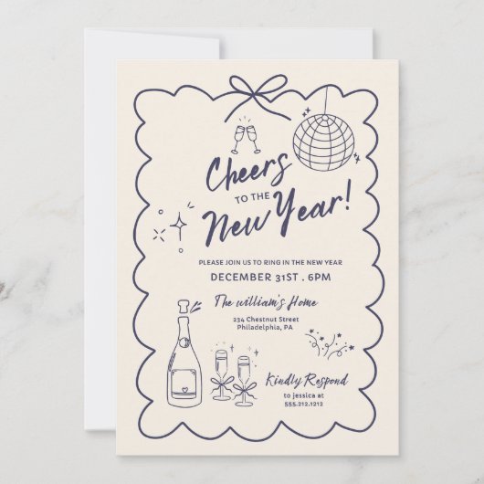 Whimsical Hand Drawn New Year Party Invitation Kaart (Voorkant)