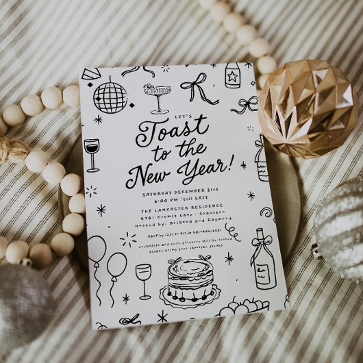 Whimsical Hand-Drawn New Year’s Eve Party Kaart