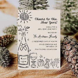 Whimsical Hand Drawn New Years Eve Party Kaart