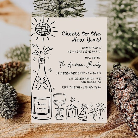 Whimsical Hand Drawn New Years Eve Party Kaart