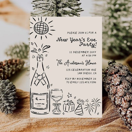 Whimsical Hand Drawn New Year's Eve Party Kaart