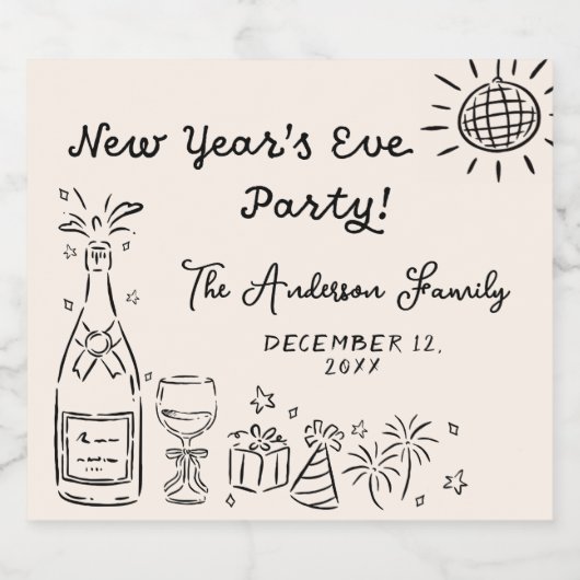 Whimsical Hand Drawn New Year's Eve Party Sparkling Wijnetiket (Enkel label)