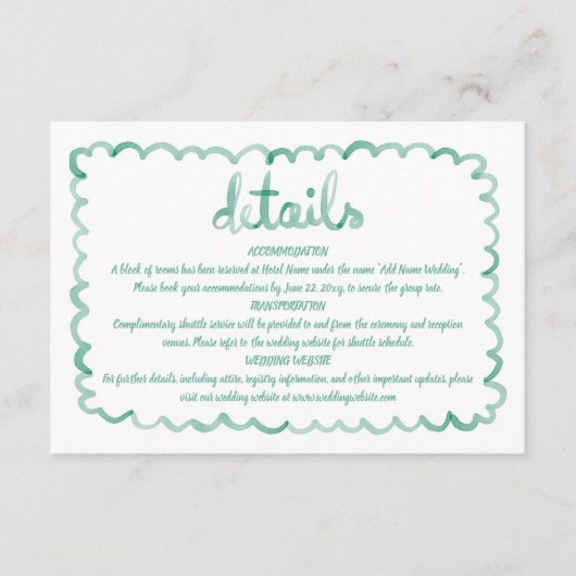 Whimsical Hand Drawn Olijfgroen Lijst Details Informatiekaartje (Voorkant)