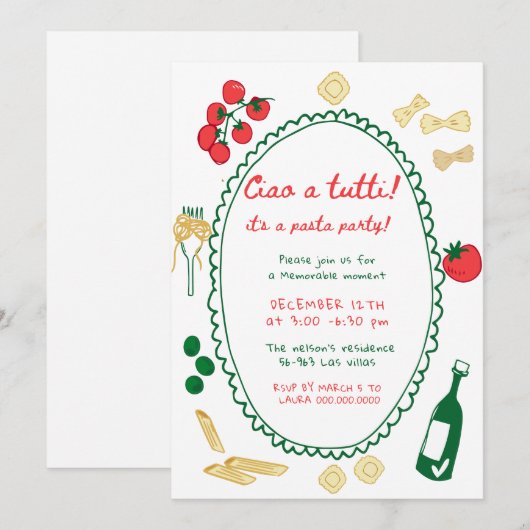Whimsical Hand Drawn Pasta Party Kaart (Voorkant / Achterkant)