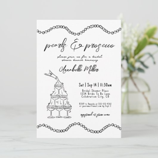 Whimsical Hand Drawn Pearls Prosecco Vrijgezellenf Kaart (Staand voorkant)