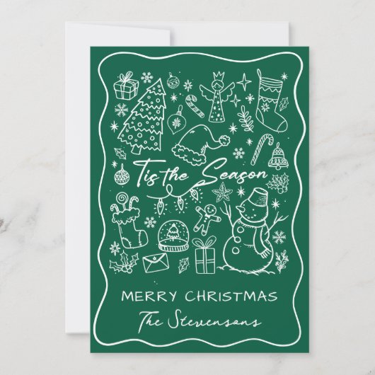Whimsical Hand Drawn Pine Green Photo Christmas  Feestdagenkaart (Voorkant)