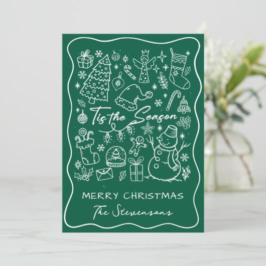 Whimsical Hand Drawn Pine Green Photo Christmas  Feestdagenkaart (Staand voorkant)