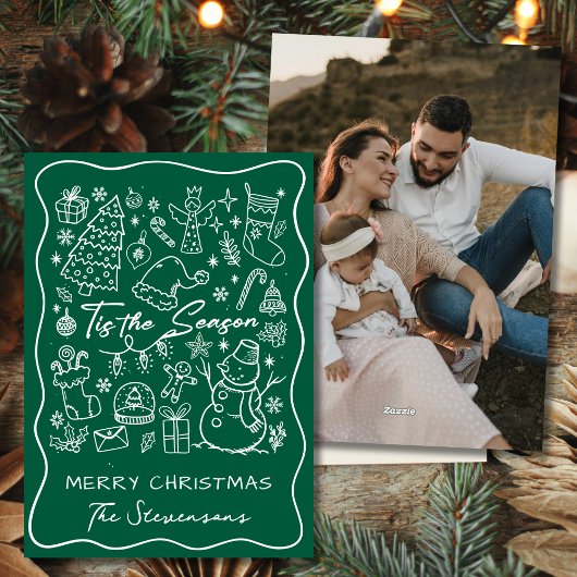 Whimsical Hand Drawn Pine Green Photo Christmas Feestdagenkaart