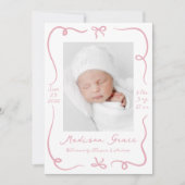 Whimsical Hand-Drawn Pink Bows 2 Foto Geboorte Aankondiging (Voorkant)