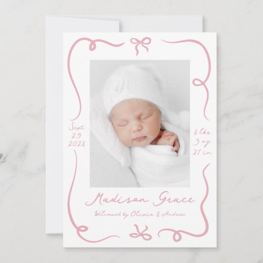 Whimsical Hand-Drawn Pink Bows 2 Foto Geboorte Aankondiging (Voorkant)