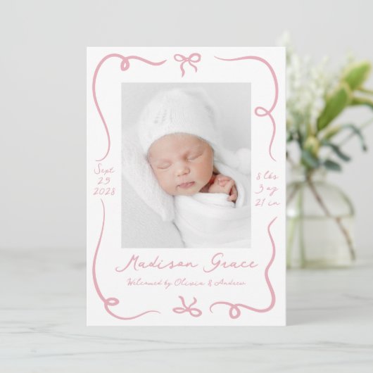 Whimsical Hand-Drawn Pink Bows 2 Foto Geboorte Aankondiging (Staand voorkant)