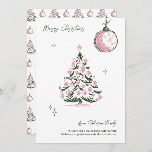 Whimsical Hand Drawn Pink & Green Christmas Tree Feestdagenkaart (Voorkant / Achterkant)