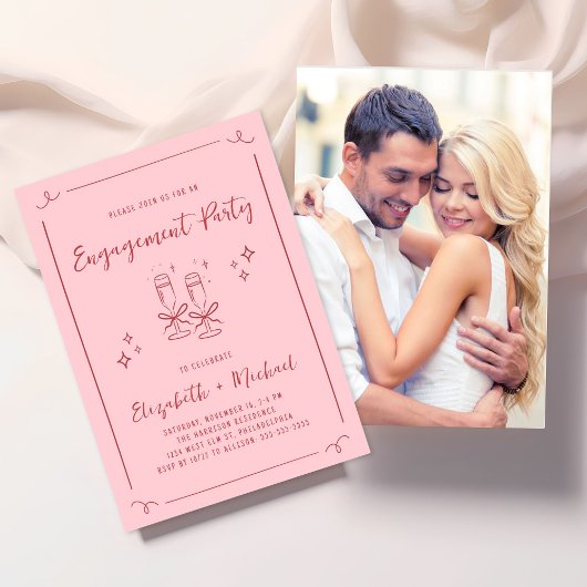 Whimsical Hand Drawn Pink Red Engagement Party Kaart