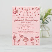 Whimsical Hand Drawn Pink Red Galentines Day Party Kaart (Staand voorkant)