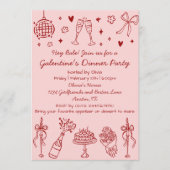 Whimsical Hand Drawn Pink Red Galentines Day Party Kaart (Voorkant)