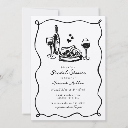 Whimsical Hand Drawn Pizza Wine Bridal Shower Kaart (Voorkant)