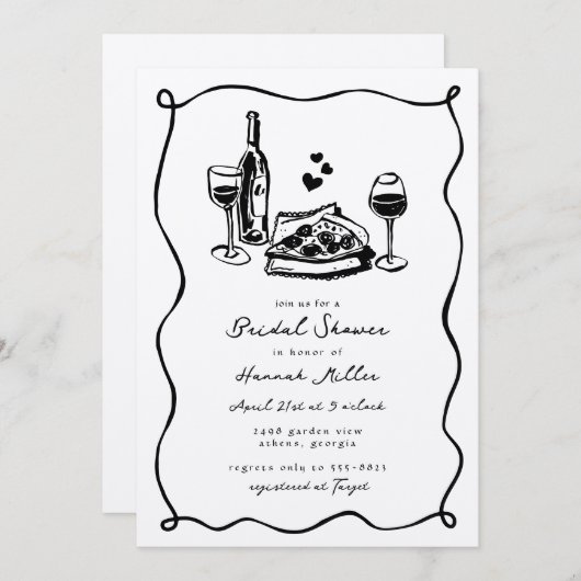 Whimsical Hand Drawn Pizza Wine Bridal Shower Kaart (Voorkant / Achterkant)