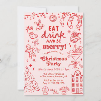 Whimsical Hand Drawn Red and Pink Christmas Party Kaart