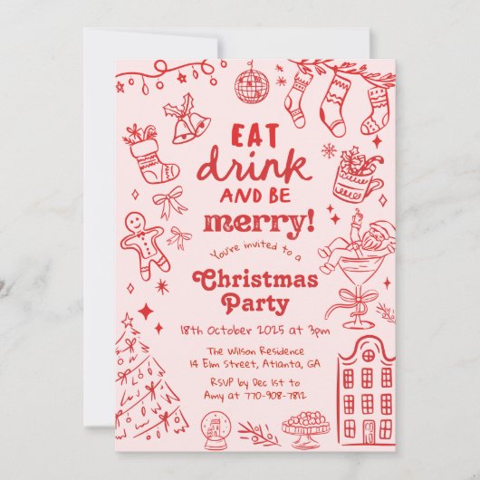 Whimsical Hand Drawn Red and Pink Christmas Party Kaart (Voorkant)