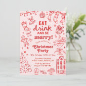 Whimsical Hand Drawn Red and Pink Christmas Party Kaart (Staand voorkant)
