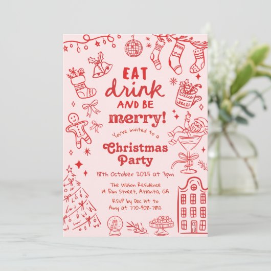 Whimsical Hand Drawn Red and Pink Christmas Party Kaart (Staand voorkant)