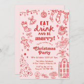 Whimsical Hand Drawn Red and Pink Christmas Party Kaart (Voorkant / Achterkant)
