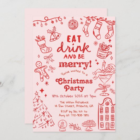 Whimsical Hand Drawn Red and Pink Christmas Party Kaart (Voorkant / Achterkant)