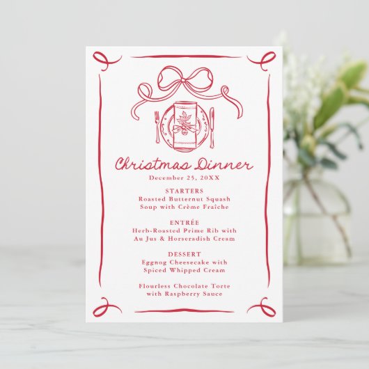 Whimsical Hand-Drawn Red Bow Christmas Dinner Menu (Staand voorkant)