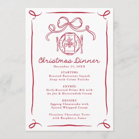 Whimsical Hand-Drawn Red Bow Christmas Dinner Menu (Voorkant)