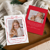 Whimsical Hand-Drawn Red Bow Meowy Kerstfoto Feestdagenkaart