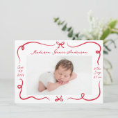 Whimsical Hand-Drawn Red Bows 4 Foto Geboorte Aankondiging (Staand voorkant)