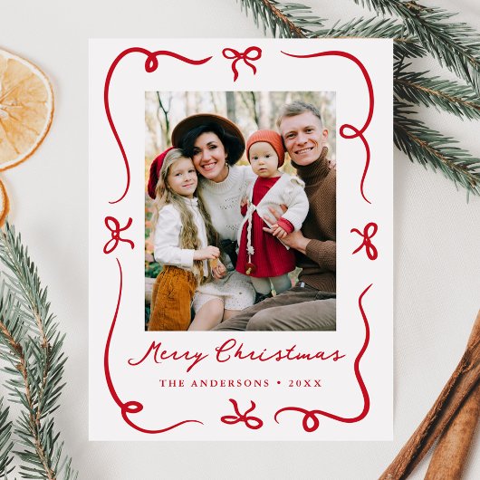 Whimsical Hand-Drawn Red Bows Foto Kerstmis Feestdagenkaart