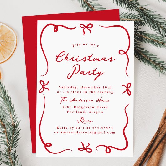 Whimsical Hand-Drawn Red Bows Kerstfeest Kaart