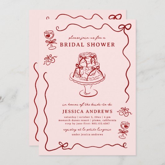 Whimsical Hand Drawn Red Cherries & Bows Kaart (Voorkant / Achterkant)