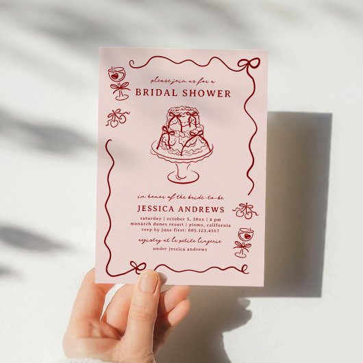 Whimsical Hand Drawn Red Cherries & Bows Kaart